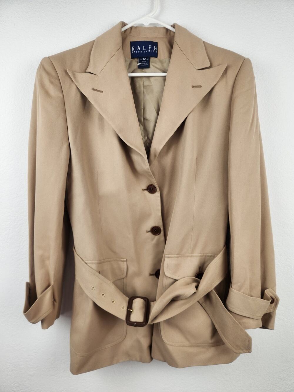 Vintage Ralph Lauren Tan Belted Blazer Jacket Size 12 Notched Lapels
